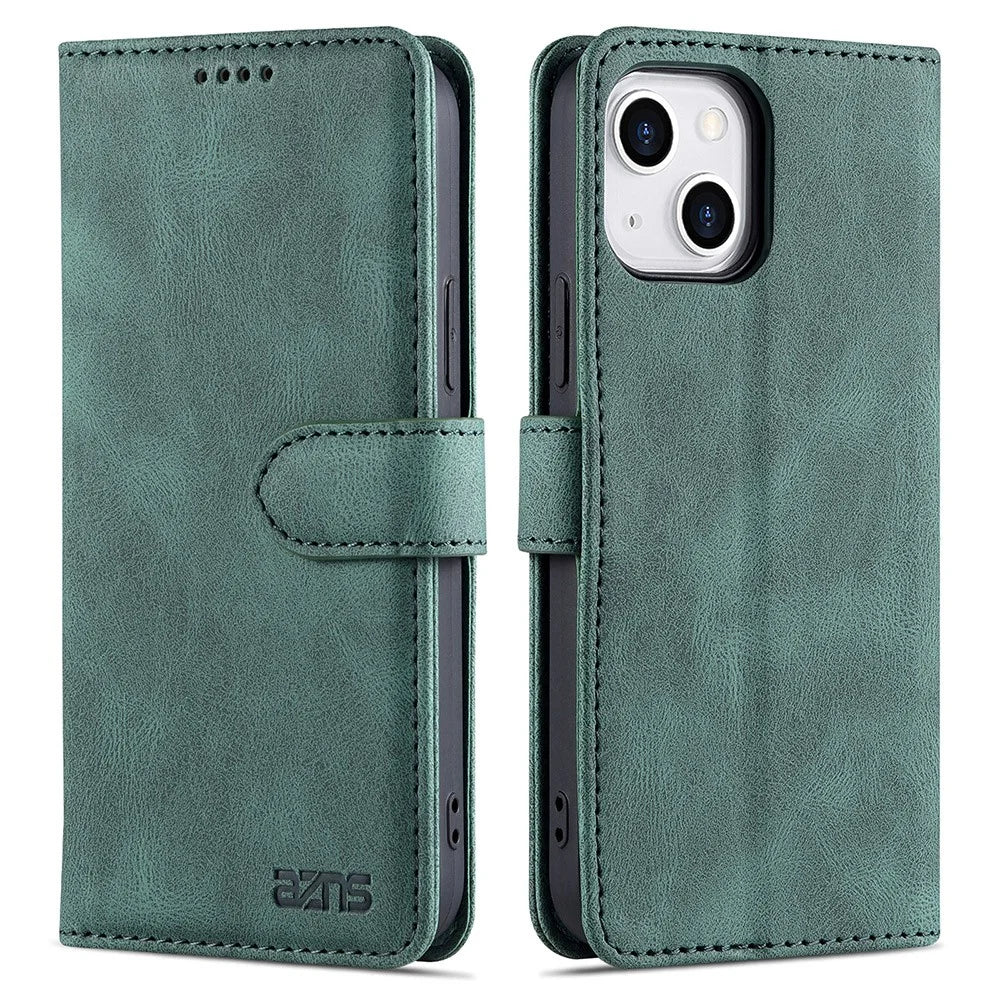 AZNS Stylish Drop-Proof Anti-Scratch Protective Wallet Design Phone Case with Stand for iPhone 13 6.1 inch - Green - 1