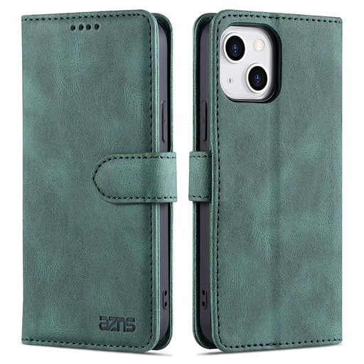 AZNS Stylish Drop-Proof Anti-Scratch Protective Wallet Design Phone Case with Stand for iPhone 13 6.1 inch - Green - 1