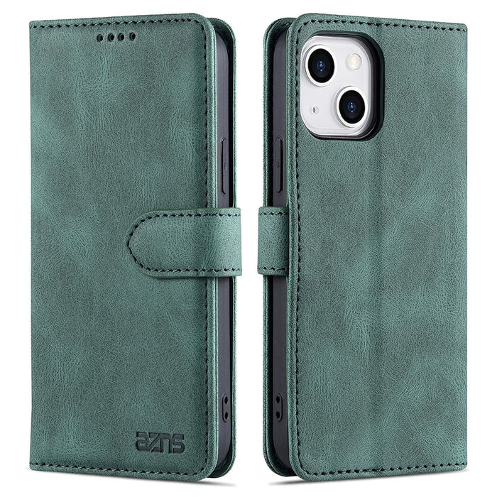 AZNS Stylish Drop-Proof Anti-Scratch Protective Wallet Design Phone Case with Stand for iPhone 13 6.1 inch - Green - 1
