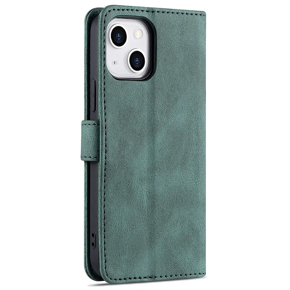 AZNS Stylish Drop-Proof Anti-Scratch Protective Wallet Design Phone Case with Stand for iPhone 13 6.1 inch - Green - 3