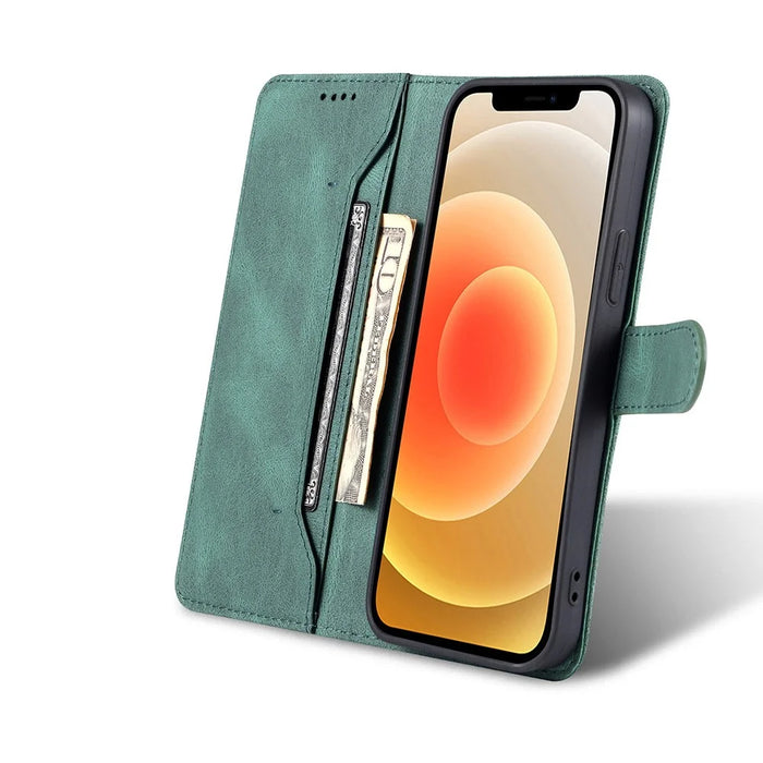 AZNS Stylish Drop-Proof Anti-Scratch Protective Wallet Design Phone Case with Stand for iPhone 13 6.1 inch - Green - 6
