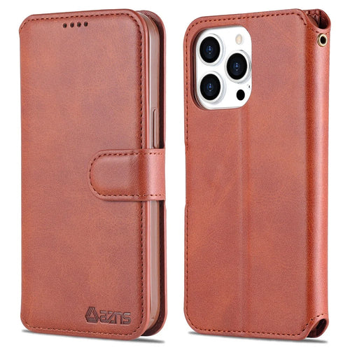 AZNS Wallet Design Magnetic Closure Anti-Fall Shockproof Leather Phone Cover Stand Case for iPhone 13 Pro 6.1 inch - Brown - 1