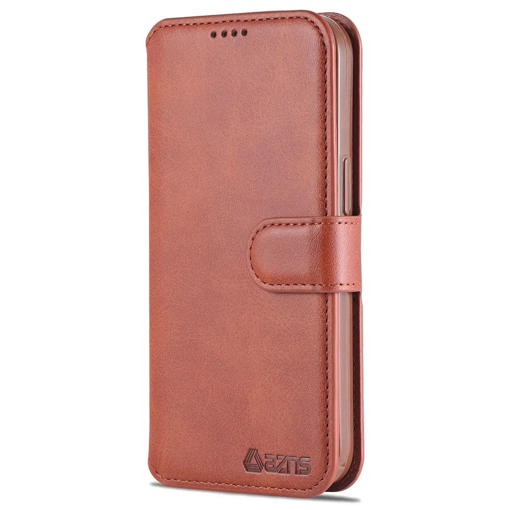 AZNS Wallet Design Magnetic Closure Anti-Fall Shockproof Leather Phone Cover Stand Case for iPhone 13 Pro 6.1 inch - Brown - 2