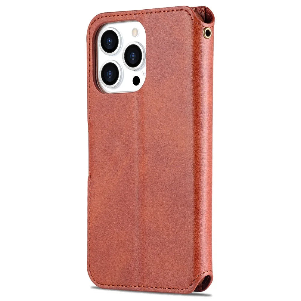 AZNS Wallet Design Magnetic Closure Anti-Fall Shockproof Leather Phone Cover Stand Case for iPhone 13 Pro 6.1 inch - Brown - 3