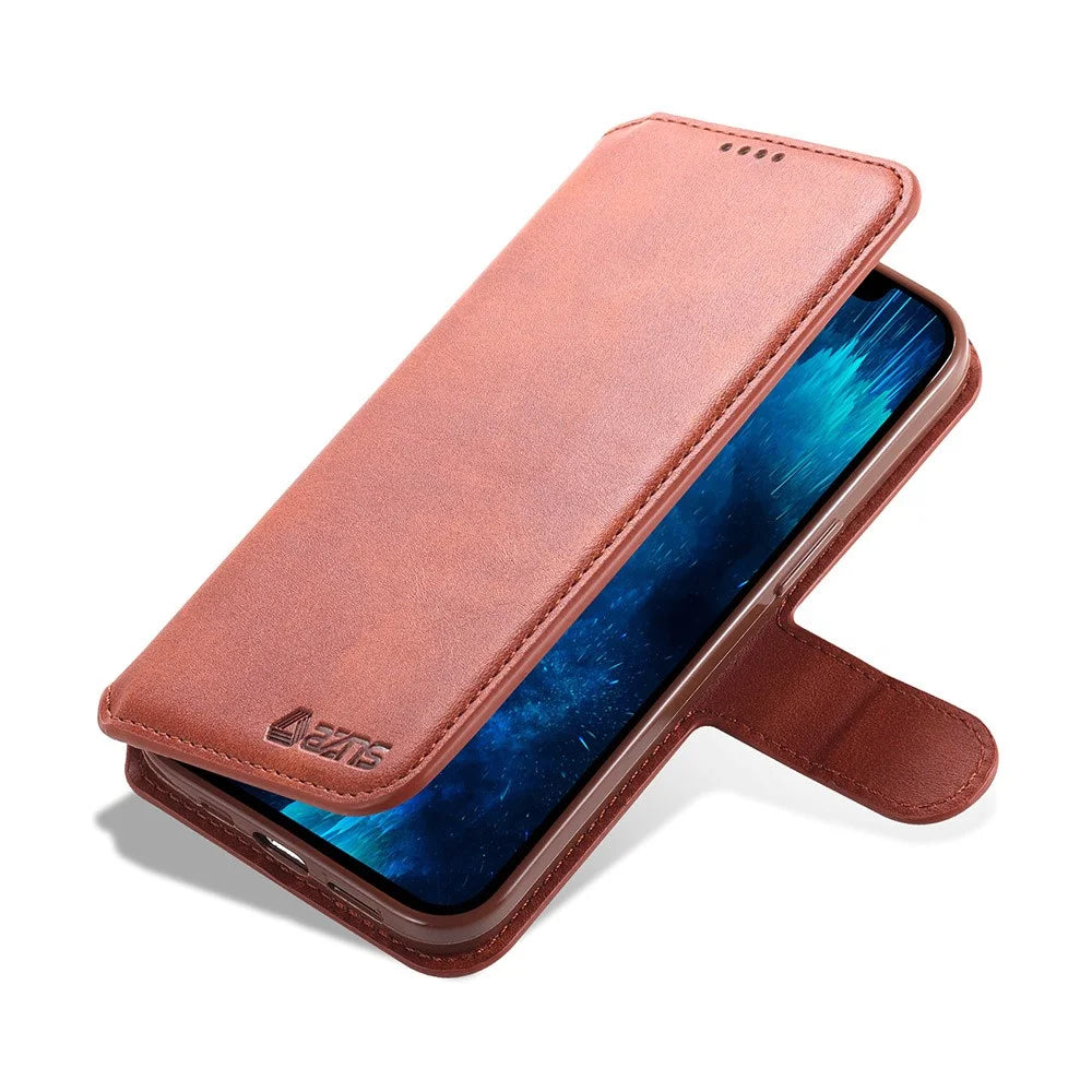 AZNS Wallet Design Magnetic Closure Anti-Fall Shockproof Leather Phone Cover Stand Case for iPhone 13 Pro 6.1 inch - Brown - 4