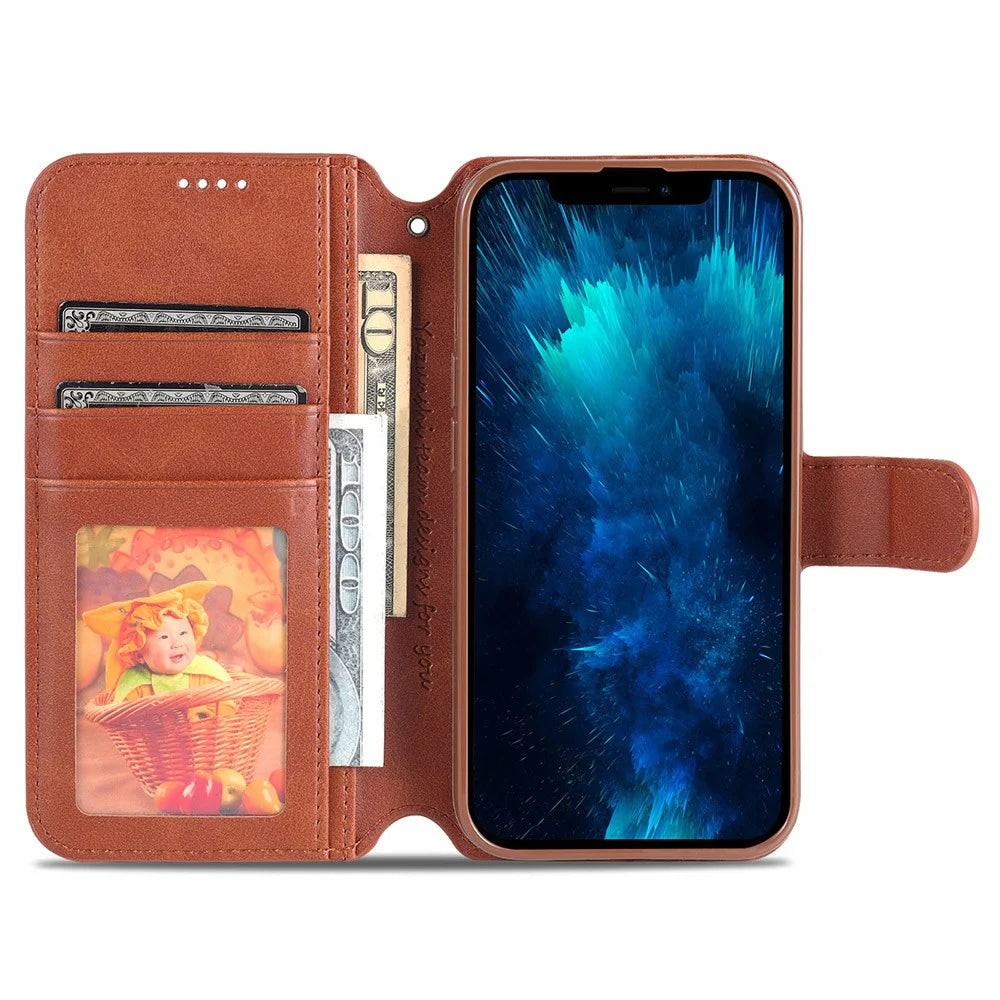 AZNS Wallet Design Magnetic Closure Anti-Fall Shockproof Leather Phone Cover Stand Case for iPhone 13 Pro 6.1 inch - Brown - 7