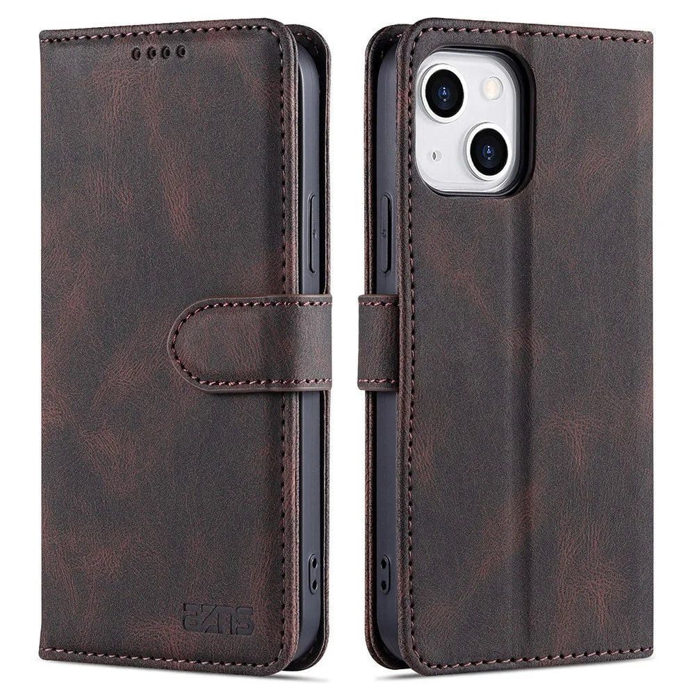 AZNS Wallet Stand Design Folio Flip Leather Phone Case Shell for iPhone 13 mini 5.4 inch - Brown - 1