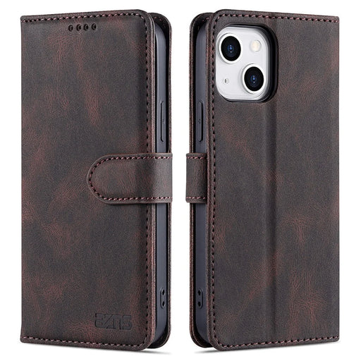 AZNS Wallet Stand Design Folio Flip Leather Phone Case Shell for iPhone 13 mini 5.4 inch - Brown - 1
