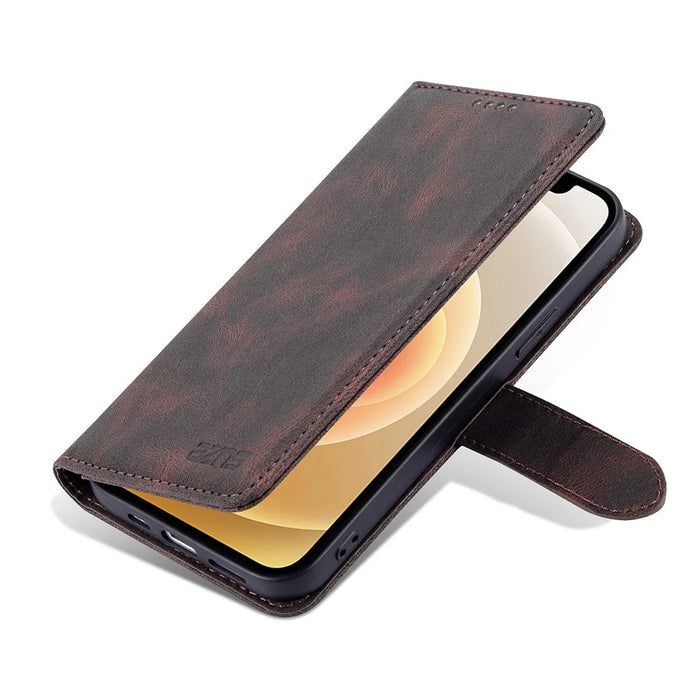 AZNS Wallet Stand Design Folio Flip Leather Phone Case Shell for iPhone 13 mini 5.4 inch - Brown - 4
