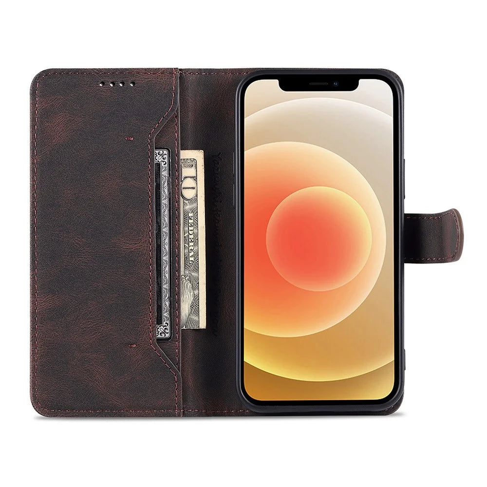AZNS Wallet Stand Design Folio Flip Leather Phone Case Shell for iPhone 13 mini 5.4 inch - Brown - 5