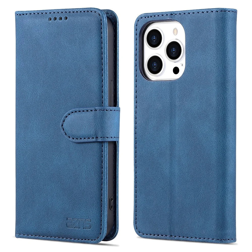AZNS PU Leather Wallet Stand Phone Case Protective Shell for iPhone 13 Pro 6.1 inch - Blue - 1