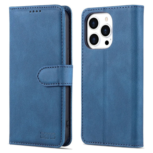 AZNS PU Leather Wallet Stand Phone Case Protective Shell for iPhone 13 Pro 6.1 inch - Blue - 1