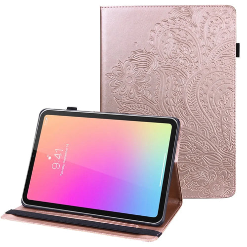 Imprinted Flower Stylish Full Protection Auto Wake and Sleep Stand Design Leather Tablet Cover Case with Card Slots for Apple iPad mini (2024) / mini (2021) - Rose Gold - 1