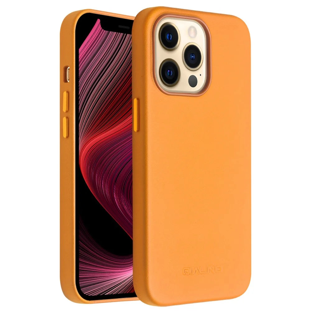 QIALINO For iPhone 13 Pro 6.1 inch Cowhide Leather Coated PC Cover Magnetic Phone Case Compatible with MagSafe Charging - Orange - 2