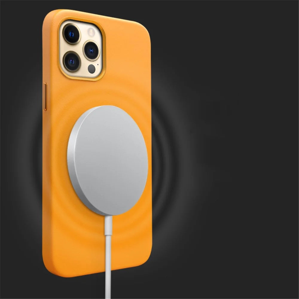 QIALINO For iPhone 13 Pro 6.1 inch Cowhide Leather Coated PC Cover Magnetic Phone Case Compatible with MagSafe Charging - Orange - 7