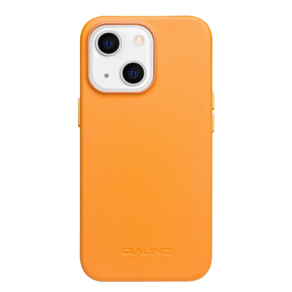 QIALINO Magnetic Absorption Cowhide Leather Coated Phone Case Protector Magnetic Charging for iPhone 13 mini 5.4 inch - Orange - 1