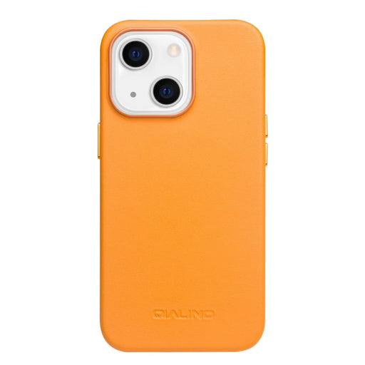 QIALINO Magnetic Absorption Cowhide Leather Coated Phone Case Protector Magnetic Charging for iPhone 13 mini 5.4 inch - Orange - 1