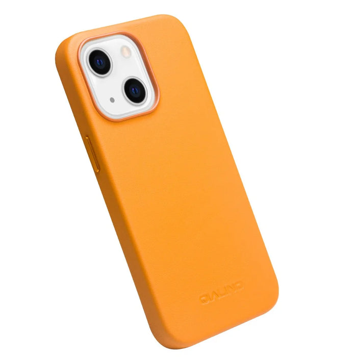 QIALINO Magnetic Absorption Cowhide Leather Coated Phone Case Protector Magnetic Charging for iPhone 13 mini 5.4 inch - Orange - 3