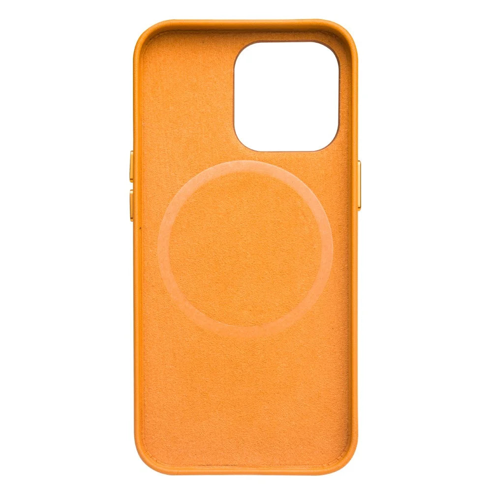 QIALINO Magnetic Absorption Cowhide Leather Coated Phone Case Protector Magnetic Charging for iPhone 13 mini 5.4 inch - Orange - 4