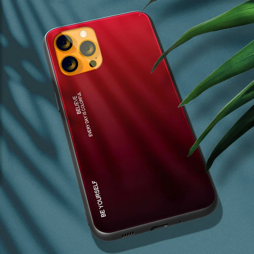 Stylish Gradient 9H Hardness Tempered Glass + TPU Wear-Resistant Anti-Fall Thin Light Hybrid Phone Cover for iPhone 13 mini 5.4 inch - Red+Black - 3