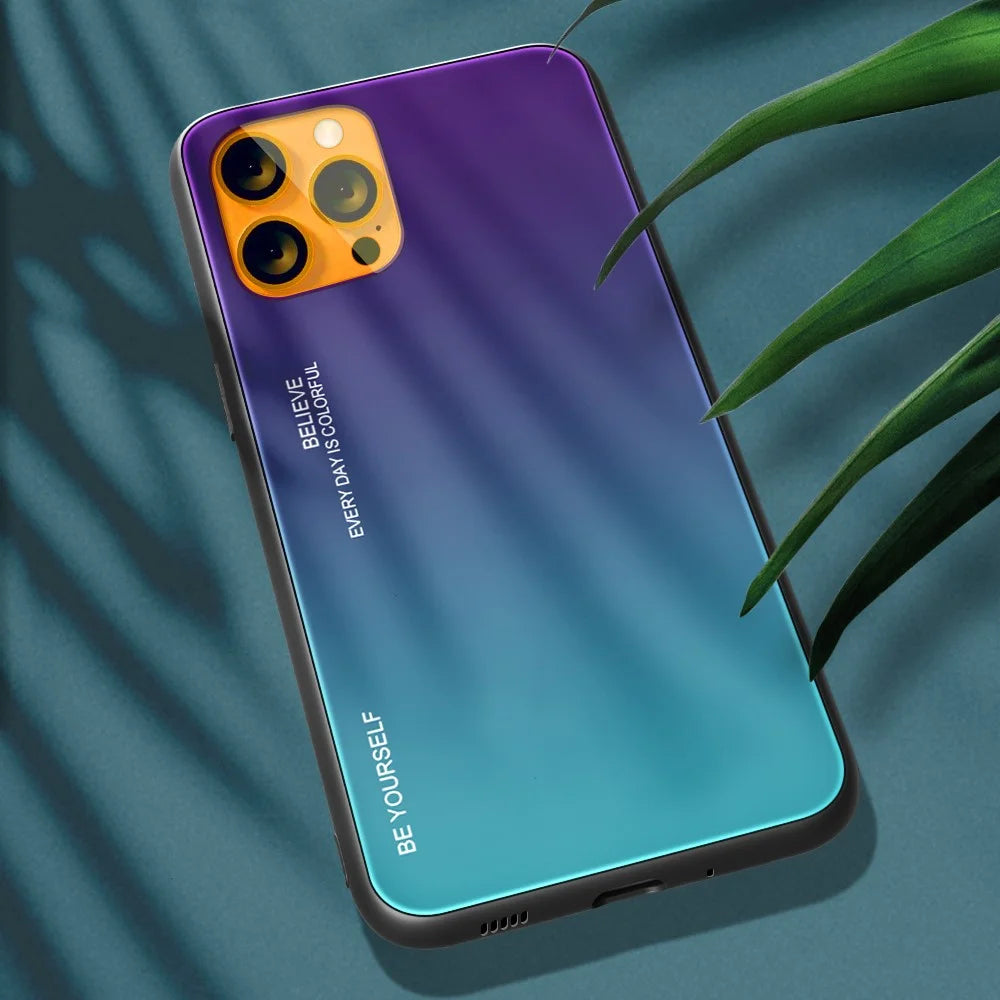Gradient 9H Hardness Tempered Glass + TPU Scratch-Resistant Anti-Drop Thin Light Hybrid Phone Cover Case for iPhone 13 6.1 inch - Purple/Blue - 3
