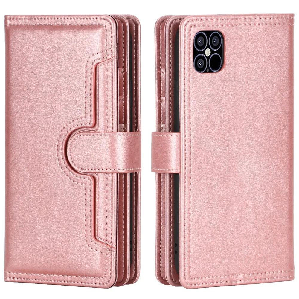 Multiple Card Slots Split Leather Stand Phone Case Shell with Wrist Strap for iPhone 13 mini 5.4 inch - Rose Gold - 1