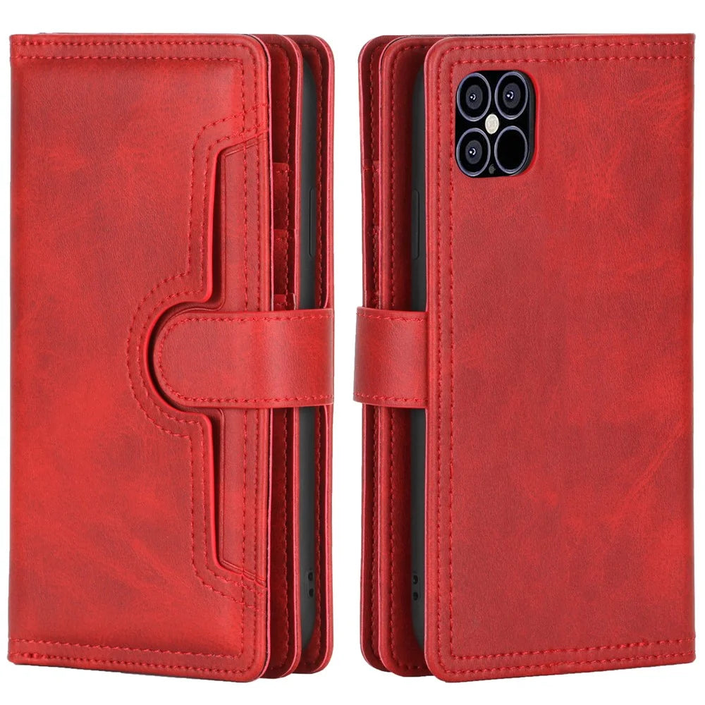 Full Protection Split Leather Phone Shell Case with Multiple Card Slots for iPhone 13 Pro 6.1 inch - Red - 1