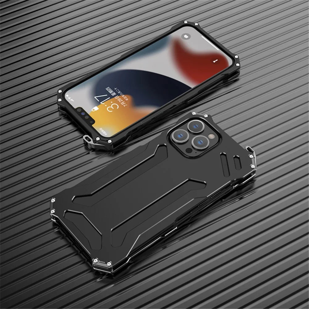 R-JUST Aluminum Alloy Metal Bumper Hollow Rugged Shockproof Cover for iPhone 13 Pro Max 6.7 inch - Black - 6