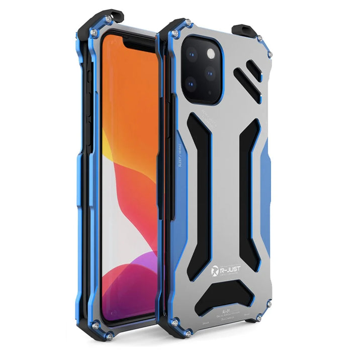R-JUST Hollow Design Aluminum Metal Case Shockproof Rugged Protective Cover for iPhone 13 Pro 6.1 inch - Blue - 1