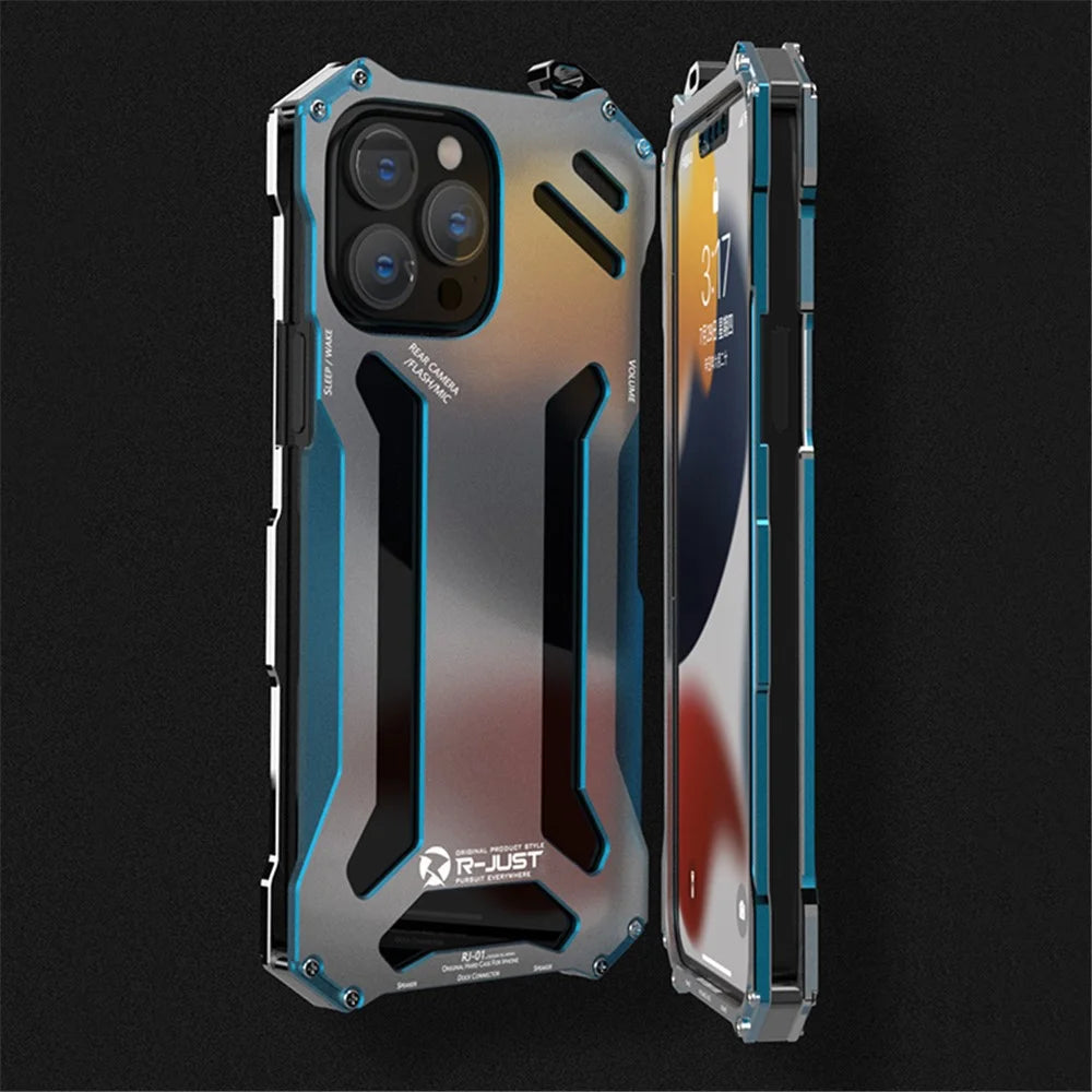 R-JUST Hollow Design Aluminum Metal Case Shockproof Rugged Protective Cover for iPhone 13 Pro 6.1 inch - Blue - 2