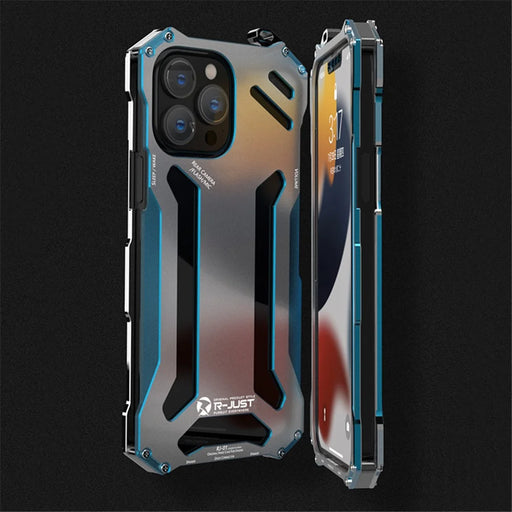 R-JUST Hollow Design Aluminum Metal Case Shockproof Rugged Protective Cover for iPhone 13 Pro 6.1 inch - Blue - 2