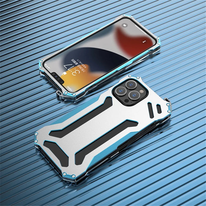 R-JUST Hollow Design Aluminum Metal Case Shockproof Rugged Protective Cover for iPhone 13 Pro 6.1 inch - Blue - 6