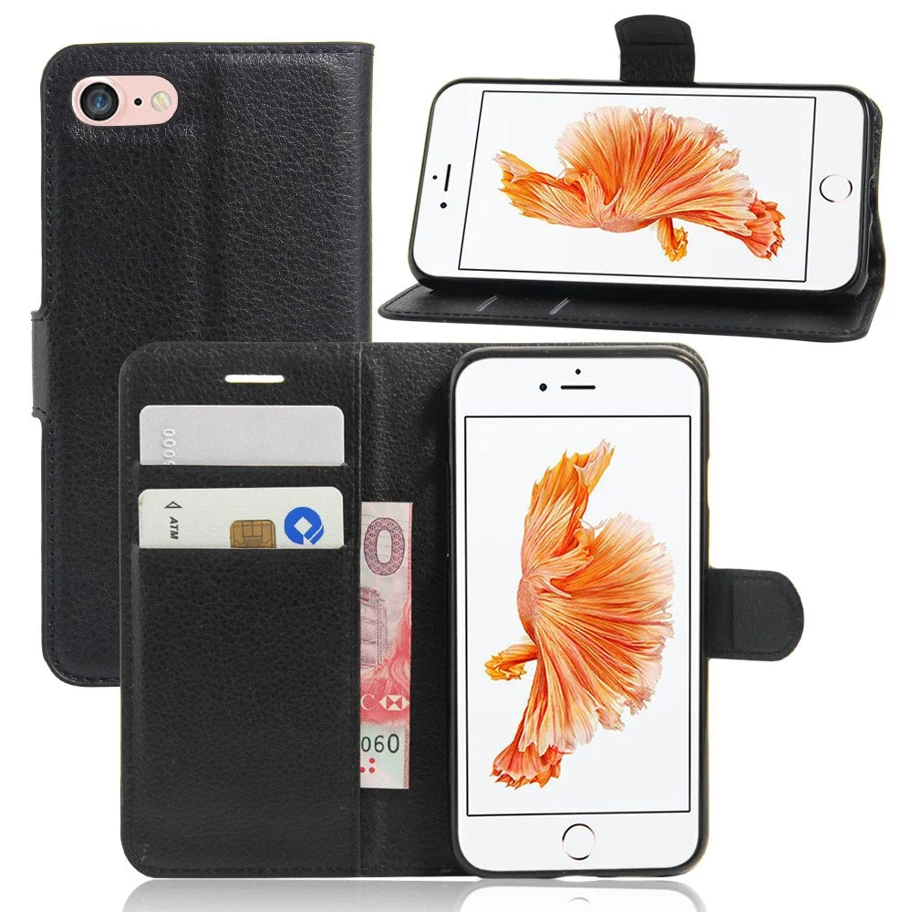 Litchi Grain Leather Wallet Case Flip Folio Stand Protective Cover for iPhone SE 2nd Gen (2020)/SE (2022)/8/7 4.7 inch  - Black - 1