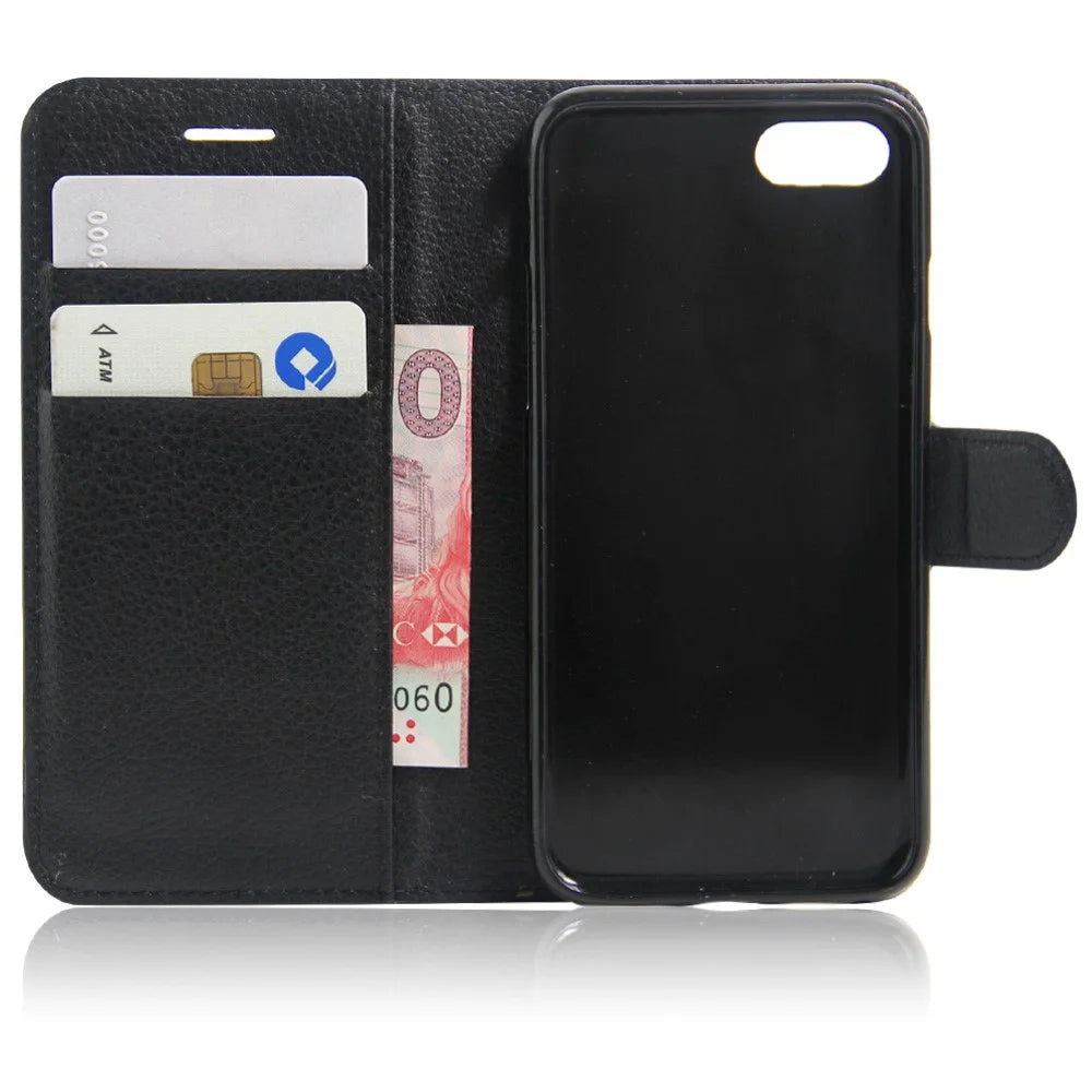Litchi Grain Leather Wallet Case Flip Folio Stand Protective Cover for iPhone SE 2nd Gen (2020)/SE (2022)/8/7 4.7 inch  - Black - 4