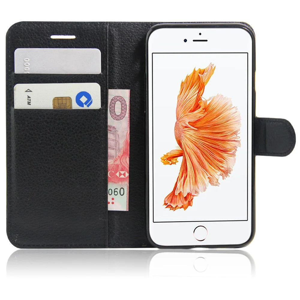 Litchi Grain Leather Wallet Case Flip Folio Stand Protective Cover for iPhone SE 2nd Gen (2020)/SE (2022)/8/7 4.7 inch  - Black - 5