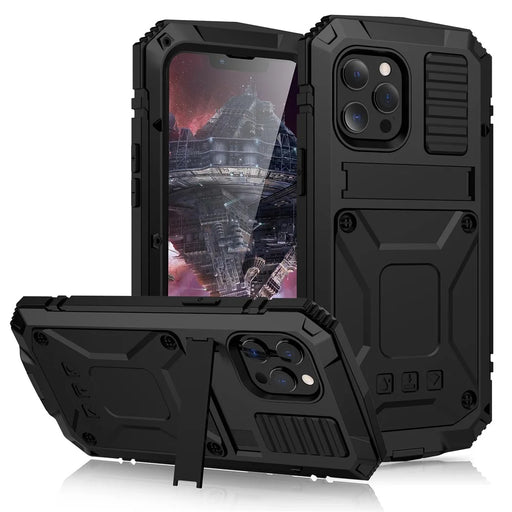 R-JUST Kickstand Silicone Armor Metal Shockproof Cover with Built-in Screen Protector for iPhone 13 Pro Max 6.7 inch - Black - 1