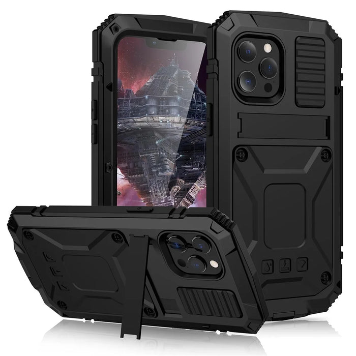 R-JUST Kickstand Silicone Armor Metal Shockproof Cover with Built-in Screen Protector for iPhone 13 Pro Max 6.7 inch - Black - 1