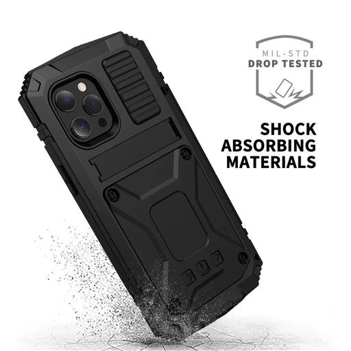 R-JUST Kickstand Silicone Armor Metal Shockproof Cover with Built-in Screen Protector for iPhone 13 Pro Max 6.7 inch - Black - 2