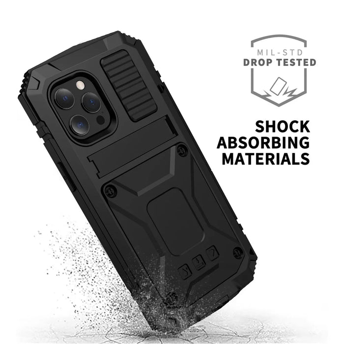R-JUST Kickstand Silicone Armor Metal Shockproof Cover with Built-in Screen Protector for iPhone 13 Pro Max 6.7 inch - Black - 2