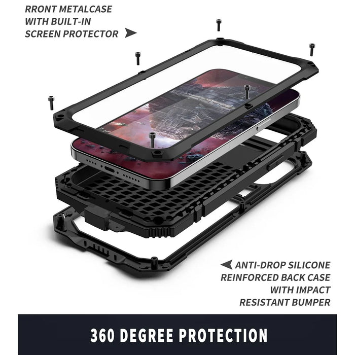 R-JUST Kickstand Silicone Armor Metal Shockproof Cover with Built-in Screen Protector for iPhone 13 Pro Max 6.7 inch - Black - 4