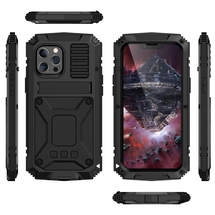 R-JUST Kickstand Silicone Armor Metal Shockproof Cover with Built-in Screen Protector for iPhone 13 Pro Max 6.7 inch - Black - 7