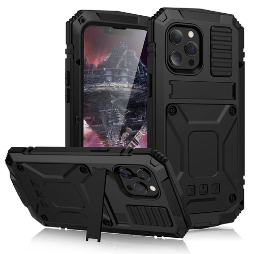 R-JUST Kickstand Slim Armor Anti-Shock Soft Silicone Hard PC Metal Back Phone Cover for iPhone 13 6.1 inch - Black - 1