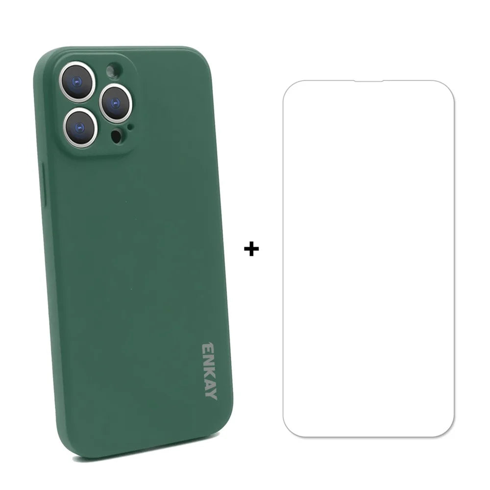 ENKAY HAT PRINCE 2-in-1 Straight Edging Liquid Silicone Phone Cover + 9H 2.5D Tempered Glass Ultra Clear 0.26mm Protector Set for iPhone 13 Pro Max - Dark Green - 1