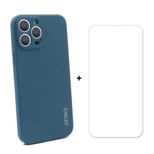 ENKAY HAT PRINCE Drop-Resistant Straight Edging Liquid Silicone Phone Cover Case + 0.26mm 9H 2.5D Strong Tempered Glass Ultra Clear Protector for iPhone 13 Pro 6.1 inch - Dark Blue - 1