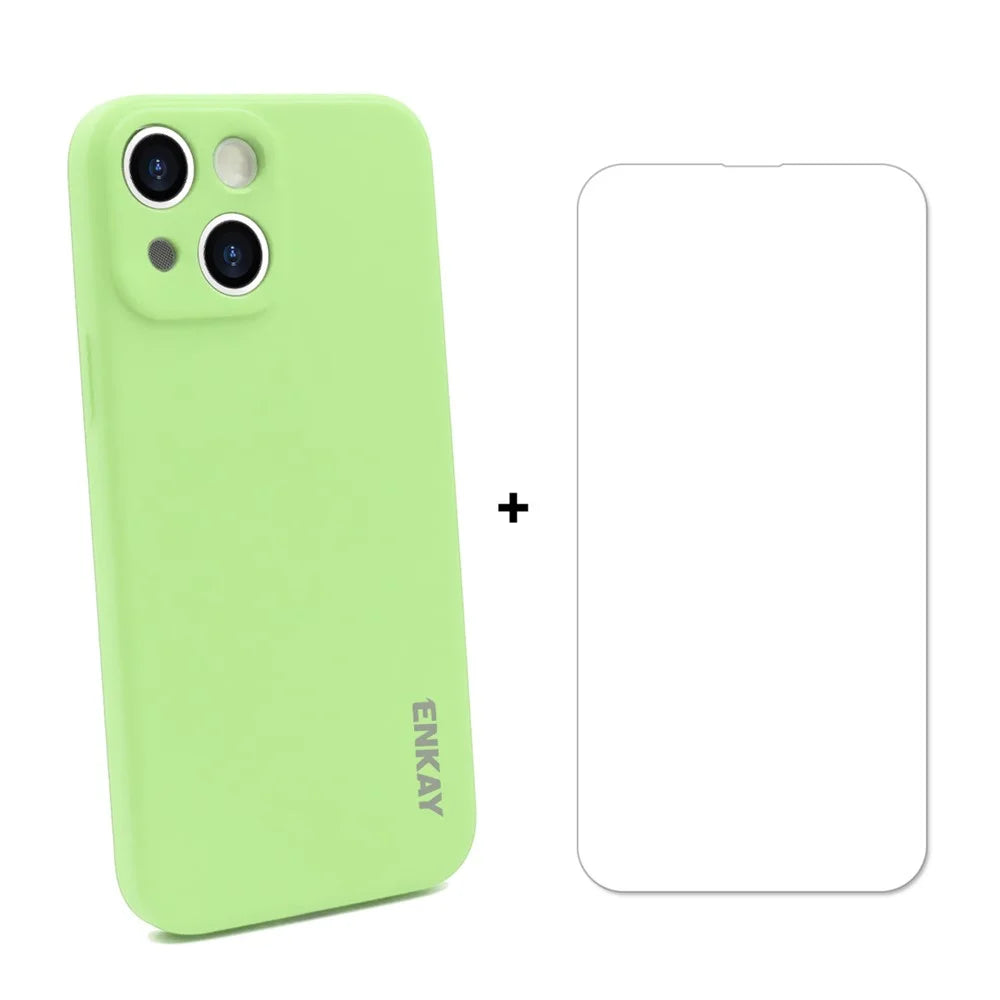 ENKAY HAT PRINCE Anti-Scratch Straight Edging Liquid Silicone Phone Cover Case + Super Tough 0.26mm 9H 2.5D Tempered Glass Ultra Clear Protector for iPhone 13 mini 5.4 inch - Light Green - 1