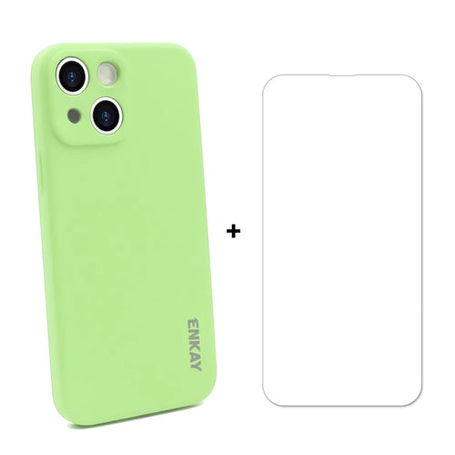 ENKAY HAT PRINCE Anti-Scratch Straight Edging Liquid Silicone Phone Cover Case + Super Tough 0.26mm 9H 2.5D Tempered Glass Ultra Clear Protector for iPhone 13 mini 5.4 inch - Light Green - 1