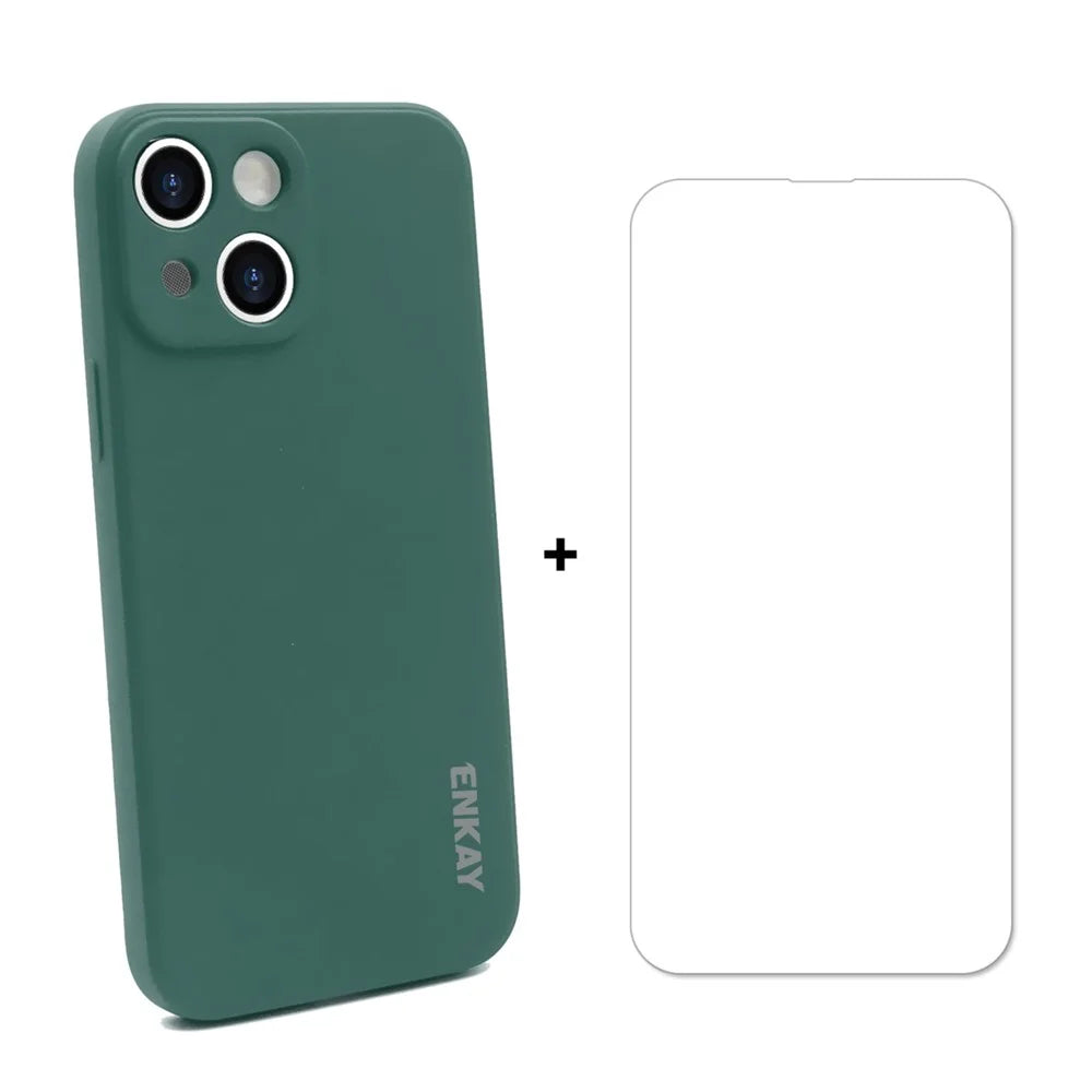 ENKAY HAT PRINCE Straight Edging Liquid Silicone Phone Cover Case + 0.26mm 9H 2.5D Tempered Glass Ultra Clear Protector for iPhone 13 6.1 inch - Dark Green - 1
