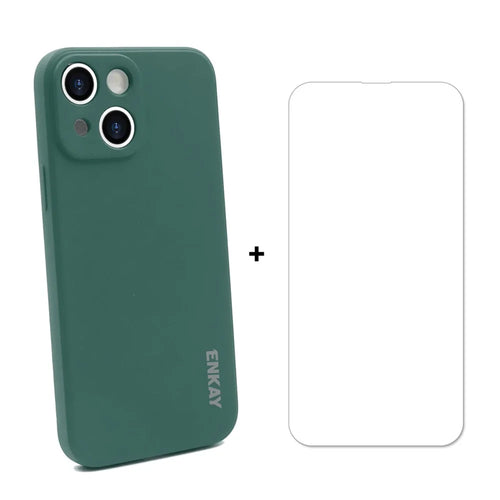 ENKAY HAT PRINCE Straight Edging Liquid Silicone Phone Cover Case + 0.26mm 9H 2.5D Tempered Glass Ultra Clear Protector for iPhone 13 6.1 inch - Dark Green - 1