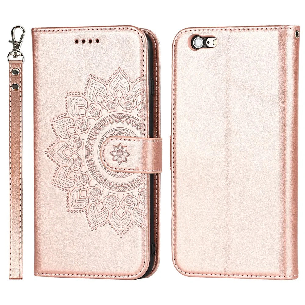 Anti-Collision R61 Texture Felled Seam PU Leather Pattern Imprinting Wallet Mobile Cover Shell for iPhone SE (2022)/SE (2020)/8/7 - Rose Gold - 1