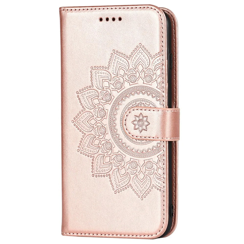 Anti-Collision R61 Texture Felled Seam PU Leather Pattern Imprinting Wallet Mobile Cover Shell for iPhone SE (2022)/SE (2020)/8/7 - Rose Gold - 2